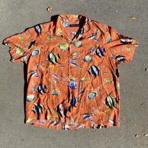 Polo Ralph Lauren Aloha Hawaiian Shirt XXL Orange Tropical Fish 100% Viscose